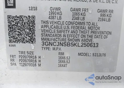 2019 Chevrolet Trax Ls from USA, damaged, VIN 3GNCJNSB5KL250613